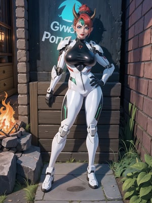 (A woman demon), wearing mecha+cybernetic armor+latex suit, all-white suit with red parts, costume covering the whole body, costume with lights attached, (gigantic breasts), (horns on head), very short hair, green hair, mohawk hair, hair with bangs in front of the eyes, (looking at the viewer), ((((sensual pose with interaction and leaning on anything+object+on something+leaning against)))), in a dungeon+underworld,  with many stone structures, altars with ancient writings, monsters fallen on the ground, luminous slimes, torture machines destroyed, wooden plates, large stones destroyed, altars with ancient writings, many demons, 16K, UHD, (full body:1.5), unreal engine 5, quality max, max resolution, More detail, ultra-realistic, ultra-detailed, maximum sharpness, perfect_hands, better_hands