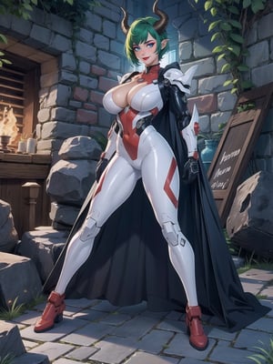 A woman, wearing mecha suit+cybernetic armor+latex suit, all-white suit with red parts, costume covering the whole body, costume with lights attached, (gigantic breasts, horns), green hair, very short hair, mohawk hair, hair with bangs in front of the eyes, (looking at the viewer), (((sensual pose with interaction and leaning on anything+object+on something+leaning against))) in a dungeon with many stone structures, altars with ancient writings, monsters fallen on the ground, luminous slimes, torture machines destroyed, wooden plates, large stones destroyed, altars with ancient writings, many demons, (full body:1.5), 16K, UHD, unreal engine 5, quality max, max resolution, More detail, ultra-realistic, ultra-detailed, maximum sharpness, perfect_hands, better_hands,