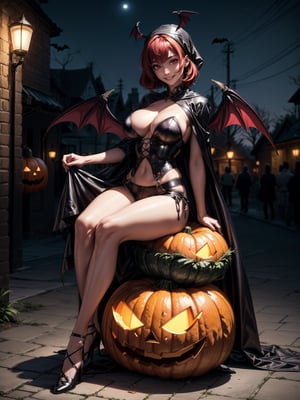 ((1woman)), ((wearing erotic vampire costume, with long cape, bat wings on head, very pale and whitish skin)), ((gigantic breasts)), ((short red hair, hair with bangs in front of the eyes)), ((staring at the viewer)), ((she is doing sensual pose sitting on top of a giant pumpkin)), ((halloween party, multiple people with different costumes in the neighborhood,  is at night, lampposts illuminating, the neighborhood)), (((full body))), 16k, UHD, ((better quality, better resolution, better detail))