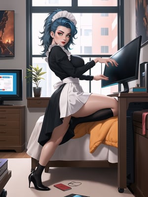 Solo woman, wearing maid's costume, all black with white parts, very short white skirt, gigantic breasts, mohawk hair, blue hair, messy hair, looking directly at the viewer, she is in a very large apartment, with furniture, computers, plasma TV, bed, glass table, chair, window, instant, 16k, UHD, best possible quality, ultra detailed,  best possible resolution, Unreal Engine 5, professional photography, she is, ((interaction and leaning on anything+object+on something+leaning against+sensual pose+full body)), More detail, better_hands ,perfect