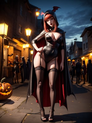 ((1woman)), ((wearing erotic vampire costume, with long cape, bat wings on head, very pale and whitish skin)), ((gigantic breasts)), ((short red hair, hair with bangs in front of eyes)), ((staring at the viewer)), ((striking the viewer)), ((striking erotic pose, leaning against [front, almost sitting, on top of a tall mailbox, feet on the ground|leaning on one,  wooden cards stuck on the ground])), ((in a small neighborhood, halloween party, multiple people with different costumes in the neighborhood, it's at night, lampposts illuminating, the bairo)), (((full body))), 16k, UHD, (((better quality, better resolution, better detail)),