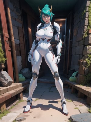 A woman, wearing a mecha suit+cybernetic armor+latex suit, suit with all white with parts in red, suit covering the whole body, suit with lights attached, (gigantic breasts), (horns) on the head, green hair, very short hair, mohawk hair, hair with bangs in front of the eyes, (looking at the viewer), ((((sensual pose + interacting with anything object+leaning and supporting)))) in the underworld in a battlefield with many stone structures, altars with ancient writings, monsters fallen on the ground, glowing slimes, destroyed torture machines, wooden boards, large stones destroyed, altars with ancient writings, many demons, 16K, UHD, unreal engine 5, (full body:1.5), quality max, max resolution, more detail, ultra-realistic, ultra-detailed, maximum sharpness, perfect_hands, better_hand, 