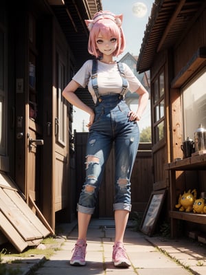 A woman, wearing blue overalls, white T-shirt, tight clothing, white sneakers, monstrously giant breasts, pink hair, short hair, hair with bangs in front of her eyes, (cat ears, with pink hair on her head), (((looking at the viewer, posing interacting and leaning [on something|on an object]))), in front of the entrance of a wooden house with many structures,  vehicles, machines, is at night, moon at top left, ((full body):1.5), 16k, UHD, best possible quality, ultra detailed, best possible resolution, Unreal Engine 5, professional photography, well-detailed fingers, well-detailed hand, perfect_hands, ((super metroid)) + ((Digimon))