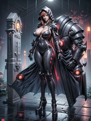 A vampire woman, wearing a black mecha suit with red parts + suit with circular lights + robotic armor, gigantic breasts, wearing a hood, red hair, hair with bangs in front of the eyes, straight hair, (looking at the viewer), (((sensual pose + Interacting + leaning on anything + object + leaning against))), in a futuristic cemetery at night raining, with many structures, tombstones, altars, coffins, candles illuminating the place, 16K, UHD, ((full body)), unreal engine 5, quality max, max resolution, ultra-realistic, ultra-detailed, maximum sharpness, (perfect_hands:1.2), ((perfect_legs)), Goodhands-beta2, ((cyberpunk, gigantic breasts, A vampire woman, wearing a hood))