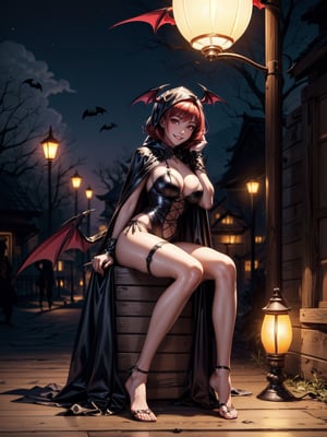 ((1woman)), ((wearing erotic vampire costume, with long cape, bat wings on head, very pale and whitish skin)), ((gigantic breasts)), ((short red hair, hair with bangs in front of the eyes)), ((staring at the viewer)), 1woman ((pose, sitting on a tall wooden board with writings, with a lamp accesses, feet on the ground)), ((halloween party,  multiple people with different costumes in the neighborhood, is at night, lampposts illuminating, the neighborhood)), (((full body))), 16k, UHD, ((better quality, better resolution, better detail)),