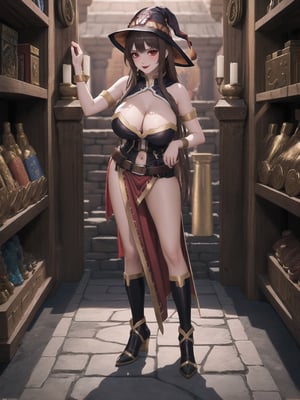 A woman, wearing sorceress costume with golden bands, all red costume, tight fitting costume, wearing witch hat, gigantic breasts, brown hair, hair with bangs in front of eyes, she is in an ancient temple in a cave, with large stone structures, altars, large figurines of ancient gods, pillars with Ancient Writings, UHD, best possible quality, ultra detailed, best possible resolution, ultra technological, futuristic, robotic, Unreal Engine 5, professional photography, she is, ((sensual pose with interaction and leaning on anything + object + on something + leaning against)), better_hands, More detail, ((full body)), ((Megumin - Konosuba))