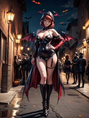 ((1woman)), ((wearing erotic vampire costume, with long cape, bat wings on head, very pale and whitish skin)), ((gigantic breasts)), ((short red hair, hair with bangs in front of the eyes)), ((staring at the viewer)), 1woman ((pose, shoulders leaning against the wall)), ((halloween party, multiple people with different costumes in the neighborhood, is at night, lampposts illuminating,  the neighborhood)), (((full body))), 16k, UHD, ((better quality, better resolution, better detail))