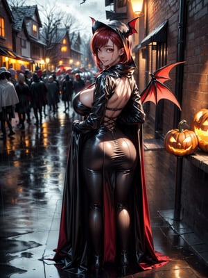 ((1woman)), ((wearing erotic vampire costume, with long cape, bat wings on head, very pale and whitish skin)), ((gigantic breasts)), ((short red hair, hair with bangs in front of the eyes)), ((staring at the viewer)), ((she is doing sensual pose with her back leaning against a wall, she is facing her)), ((halloween party, multiple people with different costumes in the neighborhood,  it's at night, raining hard, pumpkins on the ground illuminated, lampposts illuminating, the neighborhood)), (((full body))), 16k, UHD, (((better quality, better resolution, better detail))
