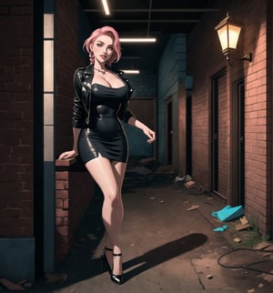 A masterpiece of noir style and drama, rendered in ultra-detailed 8K with realistic, vibrant details. | Rose, a young 23-year-old woman, is dressed in a prostitute outfit consisting of a short dress, high stockings, high-heeled shoes and a leather jacket. Her short pink hair is styled in a stylish modern cut with tousled braids. She has golden eyes, looking at the viewer while smiling and showing her teeth, wearing red lipstick. It is located in an abandoned warehouse, with brick structures, crates, lamp posts, marble and wooden structures. The dark and mysterious atmosphere of the place is enhanced by the lack of natural light. The dim light from the streetlights illuminates the room, creating ominous shadows on the walls. | The image highlights Rose's seductive figure and the architectural elements of the abandoned warehouse. The brick structures, crates, lampposts, marble and wooden structures, along with the lack of natural light, create a dark and mysterious environment. The ominous shadows on the walls highlight the tension and fear in the scene. | Soft, shadowy lighting effects create a tense, fear-filled atmosphere, while rough, detailed textures on structures and clothing add realism to the image. | A terrifying scene of a young prostitute woman in an abandoned warehouse, exploring themes of noir, drama and fear. | (((The image reveals a full-body shot as Rose assumes a sensual pose, engagingly leaning against a structure within the scene in an exciting manner. She takes on a sensual pose as she interacts, boldly leaning on a structure, leaning back and boldly throwing herself onto the structure, reclining back in an exhilarating way.))). | ((((full-body shot)))), ((perfect pose)), ((perfect arms):1.2), ((perfect limbs, perfect fingers, better hands, perfect hands, hands)), ((perfect legs, perfect feet):1.2), ((huge breasts)), ((perfect design)), ((perfect composition)), ((very detailed scene, very detailed background, perfect layout, correct imperfections)), Enhance, Ultra details++, More Detail, poakl