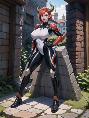 A woman, wearing mecha suit+cybernetic armor+latex suit, all-white suit with red parts, costume covering the whole body, costume with lights attached, (gigantic breasts, horns), green hair, very short hair, mohawk hair, hair with bangs in front of the eyes, (looking at the viewer), (((sensual pose with interaction and leaning on anything+object+on something+leaning against))) in a dungeon with many stone structures, altars with ancient writings, monsters fallen on the ground, luminous slimes, torture machines destroyed, wooden plates, large stones destroyed, altars with ancient writings, many demons, (full body:1.5), 16K, UHD, unreal engine 5, quality max, max resolution, More detail, ultra-realistic, ultra-detailed, maximum sharpness, perfect_hands, better_hands,