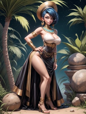 A woman, wearing Egyptian costume, white T-shirt, very short black skirt, golden jewelry, gigantic breasts, wearing appliqués in her hair, blue hair, short hair, hair with bangs in front of her eyes, hair slick, (looking at the viewer), (((sensual pose+Interacting+leaning on anything+object+leaning against))), in an oasis in the Sahara desert at night with many stones, coconut trees, bush, stone structures with Egyptian writing, 16K, UHD, unreal engine 5, ((full body)), quality max, max resolution, ultra-realistic, ultra-detailed, maximum sharpness, (perfect_hands:1.2), ((perfect_legs)), Goodhands-beta2, ((ancient Egypt, gigantic breasts, short hair)))