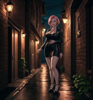 A masterpiece of noir style and drama, rendered in ultra-detailed 8K with realistic, vibrant details. | Rose, a young 23-year-old woman, is dressed in a prostitute outfit consisting of a short dress, high stockings, high-heeled shoes and a leather jacket. Her short pink hair is styled in a stylish modern cut with tousled braids. She has golden eyes, looking at the viewer while smiling and showing her teeth, wearing red lipstick. It is located in a dark alley at night during heavy rain. The brick structures, crates, lampposts, marble and wooden structures add to the dark and mysterious atmosphere of the place. The dim light from the streetlights illuminates the room, creating ominous shadows on the walls. | The image highlights Rose's seductive figure and the architectural elements of the dark alley. The brick structures, crates, lampposts, marble and wooden structures, along with the heavy rain, create a dark and mysterious atmosphere. The ominous shadows on the walls highlight the tension and fear in the scene. | Soft, shadowy lighting effects create a tense, fear-filled atmosphere, while rough, detailed textures on structures and clothing add realism to the image. | A terrifying scene of a young prostitute woman in a dark alley at night, exploring themes of noir, drama and fear. | (((The image reveals a full-body shot as Rose assumes a sensual pose, engagingly leaning against a structure within the scene in an exciting manner. She takes on a sensual pose as she interacts, boldly leaning on a structure, leaning back and boldly throwing herself onto the structure, reclining back in an exhilarating way.))). | ((((full-body shot)))), ((perfect pose)), ((perfect arms):1.2), ((perfect limbs, perfect fingers, better hands, perfect hands, hands)), ((perfect legs, perfect feet):1.2), ((huge breasts)), ((perfect design)), ((perfect composition)), ((very detailed scene, very detailed background, perfect layout, correct imperfections)), Enhance, Ultra details++, More Detail, poakl