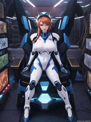 Solo woman, wearing mecha Suit+Gundam suit+cybernetic armor all white+parts in red+yellow, very tight body suit, wearing (robotic helmet with transparent color display, gigantic breasts), mohawk hair, blue hair, messy hair, ((looking directly at the viewer)), she is in a futuristic laboratory, with many machines with living beings inside, being shown by a display, computers, table with chair streaming, video games, window showing the city at night, 16k, UHD, super metroid, mecha, gundam, Unreal Engine 5, professional photography, she is, ((interaction and leaning on anything+object+on something+leaning against+sensual pose+full body)), More detail, better_hands,