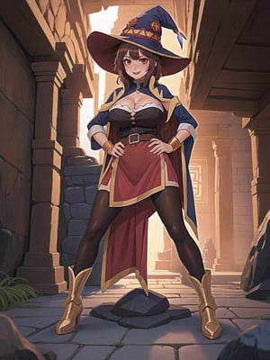 A woman, wearing sorceress costume with golden bands, all red costume, tight fitting costume, wearing witch hat, gigantic breasts, brown hair, hair with bangs in front of eyes, she is in an ancient temple in a cave, with large stone structures, altars, large figurines of ancient gods, pillars with Ancient Writings, UHD, best possible quality, ultra detailed, best possible resolution, ultra technological, futuristic, robotic, Unreal Engine 5, professional photography, she is, ((sensual pose with interaction and leaning on anything + object + on something + leaning against)), ((full body)), better_hands, More detail, ((Megumin - Konosuba))