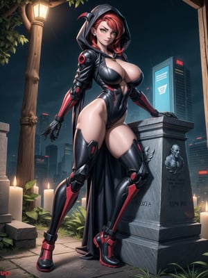 A vampire woman, wearing a black mecha suit with red parts+suit with circular lights+robotic armor, gigantic breasts, wearing a hood, red hair, hair with bangs in front of the eyes, straight hair, (looking at the viewer), (((sensual pose+Interacting+leaning on anything+object+leaning against))), in a futuristic cemetery at night raining, with many structures, tombstones, altars, coffins, candles illuminating the place, 16K, UHD, (full body1.2), unreal engine 5, quality max, max resolution, ultra-realistic, ultra-detailed, maximum sharpness, (perfect_hands:1), ((perfect_legs)), Goodhands-beta2, ((cyberpunk, gigantic breasts, A vampire woman, wearing a hood, extremely pale skin))