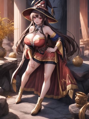 A woman, wearing sorceress costume with golden bands, all red costume, tight fitting costume, wearing witch hat, gigantic breasts, brown hair, hair with bangs in front of eyes, she is in an ancient temple in a cave, with large stone structures, altars, large figurines of ancient gods, pillars with Ancient Writings, UHD, best possible quality, ultra detailed, best possible resolution, ultra technological, futuristic, robotic, Unreal Engine 5, professional photography, she is, ((sensual pose with interaction and leaning on anything + object + on something + leaning against)), ((full body)), better_hands, More detail, ((Megumin - Konosuba))