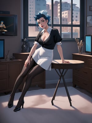 Solo woman, wearing maid's costume, all black with white parts, very short white skirt, gigantic breasts, mohawk hair, blue hair, messy hair, looking directly at the viewer, she is in a very large apartment, with furniture, computers, plasma TV, bed, glass table, chair, window, instant, 16k, UHD, best possible quality, ultra detailed,  best possible resolution, Unreal Engine 5, professional photography, she is, (((interaction and leaning on anything+object+on something+leaning against+sensual pose+full body))), better_hands ,perfect, More detail,