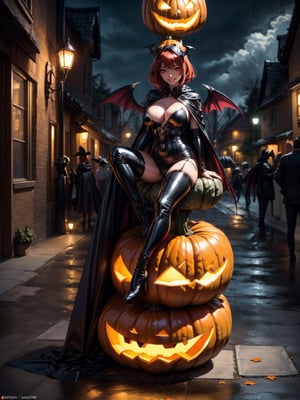 ((1woman)), ((wearing erotic vampire costume, with long cape, bat wings on head, very pale and whitish skin)), ((gigantic breasts)), ((short red hair, hair with bangs in front of the eyes)), ((staring at the viewer)), ((she is doing sensual pose sitting on top of a giant pumpkin)), ((halloween party, multiple people with different costumes in the neighborhood,  it's at night, raining hard, pumpkins on the ground illuminated, lampposts illuminating, the neighborhood)), (((full body))), 16k, UHD, (((better quality, better resolution, better detail)),