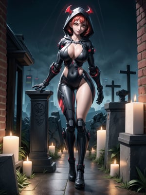 A vampire woman, wearing a black mecha suit with red parts+suit with circular lights+robotic armor, gigantic breasts, wearing a hood, very short hair, red hair, hair with bangs in front of the eyes, straight hair, (looking at the viewer), ((sensual pose+Interacting+leaning on anything+object+leaning against)), in a futuristic cemetery at night raining, with many structures, tombstones, altars, coffins, candles illuminating the place, 16K, UHD, ((full body)), unreal engine 5, quality max, max resolution, ultra-realistic, ultra-detailed, maximum sharpness, ((perfect_hands)), ((perfect_legs)), Goodhands-beta2, ((cyberpunk, gigantic breasts, A vampire woman, wearing a hood, extremely pale skin))
