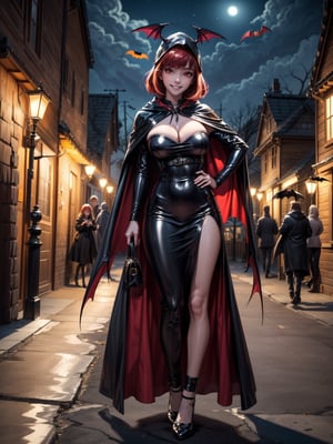 ((1woman)), ((wearing erotic vampire costume, with long cape, bat wings on head, very pale and whitish skin)), ((gigantic breasts)), ((short red hair, hair with bangs in front of the eyes)), ((staring at the viewer)), 1woman ((pose, leaning against the wall of a wooden house, with a lamp accesses)), ((halloween party, multiple people with different costumes in the neighborhood,  is at night, lampposts illuminating, the neighborhood)), (((full body))), 16k, UHD, ((better quality, better resolution, better detail))