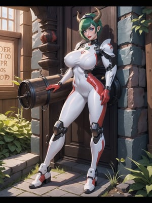 A woman, wearing mecha+cybernetic armor+latex suit, all-white suit with red parts, costume covering the whole body, costume with lights attached, (gigantic breasts), (horns on head), green hair, very short hair, mohawk hair, hair with bangs in front of the eyes, (looking at the viewer), ((((sensual pose with interaction and leaning on anything+object+on something+leaning against)))) in a dungeon in the underworld,  with many stone structures, altars with ancient writings, monsters fallen on the ground, luminous slimes, torture machines destroyed, wooden plates, large stones destroyed, altars with ancient writings, many demons, 16K, UHD, (full body:1.5), unreal engine 5, quality max, max resolution, More detail, ultra-realistic, ultra-detailed, maximum sharpness, perfect_hands, better_hands