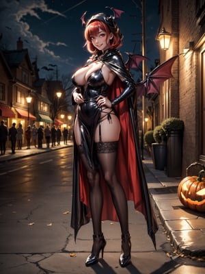((1woman)), ((wearing erotic vampire costume, with long cape, bat wings on head, very pale and whitish skin)), ((gigantic breasts)), ((short red hair, hair with bangs in front of the eyes)), ((staring at the viewer)), 1woman ((is leaning on a lamppost)), ((halloween party, multiple people with different costumes in the neighborhood, is at night,  lampposts illuminating, the neighborhood)), (((full body))), 16k, UHD, ((better quality, better resolution, better detail))