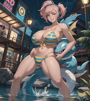 Masterpiece in maximum 16K resolution, with a style inspired by Ken Sugimori for Fakemon, featuring an artistic fusion of animation and realistic details. | An experienced Pokémon trainer, a beautiful 20-year-old woman, stands out in the night and rainy setting of a water park. Wearing a tight and short white bikini with blue and yellow stripes, her body is soaked with water, highlighting her gigantic_breasts. Her beautiful ((golden_eyes)) captivate the viewer, accompanied by a ((devilish_smile)). Light pink short hair with a large fringe, tied in a pigtail, and headphones complete her look. Next to her, a powerful fish-type Pokémon, with sharp teeth and expressive eyes, stares directly at the viewer with vibrant colors. Both explore a nighttime water park filled with structures, interactive Pokémon toys, and elements such as wooden and metal structures. | Three-dimensional composition, cinematic lighting, and realistic details. | Scene of a Pokémon trainer and her loyal aquatic companion in a lively nighttime water park under heavy rain. | {The camera is positioned very close to her, revealing her entire body as she adopts a sensualc_pose, interacting with and leaning on a structure in the scene in an exciting way.} | She is adopting a (((sensualc_pose as interacts, boldly leaning on a structure, leaning back in an exciting way))), ((sensualc_pose):1.3), ((perfect_pose)), ((perfect_pose):1.5), (((full body))), ((well_defined_face, ultra_detailed_face, well_defined_eyes, ultra_detailed_eyes)), ((perfect_finger, perfect_hand)), ((More Detail)), (better_hands), huge breasts,