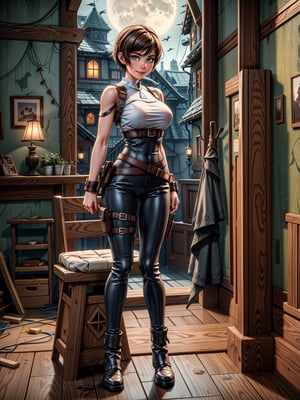 1woman, white T-shirt and long brown leather pants, black boot, extremely erotic clothing, extremely gigantic breasts, brown hair, very short hair, straight hair, hair with bangs in front of the eyes, looking at the viewer, (((erotic pose interacting and leaning on something))), in an old house all destroyed with lots of furniture, altars, window showing a village at night and a full moon at the top right, ((full body):1.5), ((Resident Evil 4)),16k, UHD, best possible quality, ((ultra detailed):1.2), best possible resolution, Unreal Engine 5, professional photography, perfect_hands