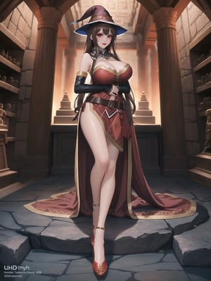 A woman, wearing sorceress costume with golden bands, all red costume, tight fitting costume, wearing witch hat, gigantic breasts, brown hair, hair with bangs in front of eyes, she is in an ancient temple in a cave, with large stone structures, altars, large figurines of ancient gods, pillars with Ancient Writings, UHD, best possible quality, ultra detailed, best possible resolution, ultra technological, futuristic, robotic, Unreal Engine 5, professional photography, she is, ((sensual pose with interaction and leaning on anything + object + on something + leaning against)), ((full body)), better_hands, More detail, ((Megumin - Konosuba))