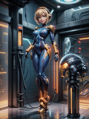 Just one woman, wearing mecha costume+Samus Aran costume+spider man costume, black with golden parts, gigantic breasts, multicolored hair, very short hair, straight hair, hair with bangs in front of the eyes, cybernetic helmet on the head, looking at the viewer, (((erotic pose interacting and leaning on something))), in a spaceship, with many machines,  robots, elevator, pipes with luminous water, window showing outer space, ((full body):1.5),16k, UHD, best possible quality, ((ultra detailed):1.2), best possible resolution, Unreal Engine 5, professional photography, perfect_hands