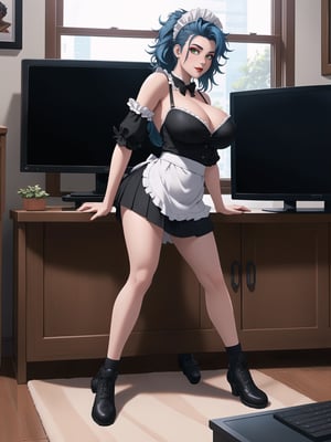 Solo woman, wearing maid's costume, all black with white parts, very short white skirt, gigantic breasts, mohawk hair, blue hair, messy hair, looking directly at the viewer, she is in a very large apartment, with furniture, computers, plasma TV, bed, glass table, chair, window, instant, 16k, UHD, best possible quality, ultra detailed,  best possible resolution, Unreal Engine 5, professional photography, she is, ((interaction and leaning on anything+object+on something+leaning against+sensual pose))+(full body:1.5), More detail, better_hands ,perfect