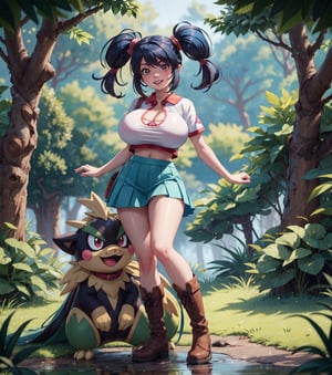 Masterpiece in HD resolution, inspired by Pokémon style and Ken Sugimori's Fakemon design. | On a rainy night in a dense forest, we find Ayane, a 22-year-old Pokémon trainer, with huge breasts, wearing a short white crop top and a pleated skirt, both clothes clinging tightly to her body. She complements the look with brown leather boots, the snug outfit enhancing her curves. Ayane has piercing ((red_eyes)), fixed on the viewer, a ((devilish_smile)) on her luscious ((blue_lips)). Her short blue hair is adorned with a large fringe that partially covers her right eye and two pigtails, all in perfect harmony with Ken Sugimori's distinctive style. | Beside her, in contrast to the darkness of the night, is her faithful ground-type Pokémon. Its brown fur is interspersed with shades of green, while large scales adorn its head, highlighting its imposing nature. Both are positioned amidst rocky and wooden structures, fallen tree trunks, mysterious altars, and ancient pillars, all illuminated by the dim light of the heavily falling rain. | The scene conveys a sense of mystery and power, where Ayane and her Pokémon prepare to face unknown challenges on this stormy night in the forest. | {The camera is positioned very close to her, revealing her entire body as she adopts a exciting pose, interacting with and leaning on a structure in the scene in an exciting way}, | She is adopting a (((exciting pose as interacts, boldly leaning on a structure, leaning back in an exciting way))), ((exciting pose):1.3), ((perfect_pose)), ((perfect_pose):1.5), (((full body image))), ((perfect_fingers, perfect_hands, better_hands)), ((More Detail)), huge_breasts,
