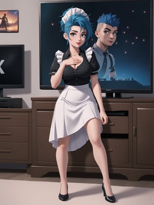 Solo woman, wearing maid's costume, all black with white parts, very short white skirt, gigantic breasts, mohawk hair, blue hair, messy hair, looking directly at the viewer, she is in a very large apartment, with furniture, computers, plasma TV, bed, glass table, chair, window, instant, 16k, UHD, best possible quality, ultra detailed,  best possible resolution, Unreal Engine 5, professional photography, she is, ((interaction and leaning on anything+object+on something+leaning against+sensual pose))+(full body:1.3), More detail, better_hands ,perfect