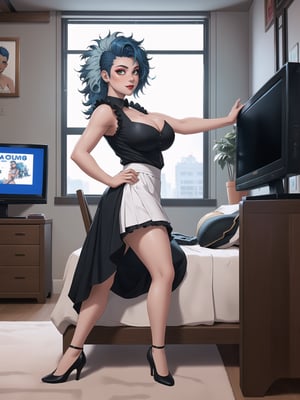 Solo woman, wearing maid's costume, all black with white parts, very short white skirt, gigantic breasts, mohawk hair, blue hair, messy hair, looking directly at the viewer, she is in a very large apartment, with furniture, computers, plasma TV, bed, glass table, chair, window, instant, 16k, UHD, best possible quality, ultra detailed,  best possible resolution, Unreal Engine 5, professional photography, she is, ((interaction and leaning on anything+object+on something+leaning against+sensual pose+full body)), More detail, better_hands ,perfect