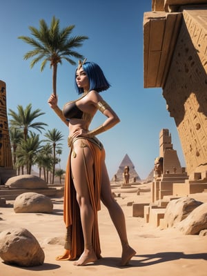 A woman, wearing Egyptian costume, white T-shirt, very short black skirt, golden jewelry, gigantic breasts, wearing appliqués in her hair, blue hair, short hair, hair with bangs in front of her eyes, hair slick, (looking at the viewer), (((sensual pose+Interacting+leaning on anything+object+leaning against))), in an oasis in the Sahara desert at night with many stones, coconut trees, bush, stone structures with Egyptian writing, 16K, UHD, unreal engine 5, ((full body)), quality max, max resolution, ultra-realistic, ultra-detailed, maximum sharpness, (perfect_hands:1.2), ((perfect_legs)), Goodhands-beta2, ((ancient Egypt, gigantic breasts, short hair)))