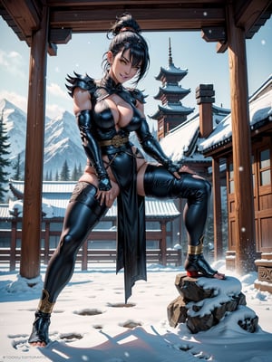 A woman, wearing a black ninja costume with blue parts, monstrously gigantic breasts, black hair, short hair, hair with bangs in front of her eyes, hair with ponytail, looking at the viewer, (((erotic pose interacting and leaning [on something in the environment|on an object]))), inside a very old shaolin temple with large altars, edra structures,  gold figurines, mountain background with lots of snow, is daytime snowing heavily, ((full body):1.5), 16k, UHD, best possible quality, ultra detailed, best possible resolution, Unreal Engine 5, professional photography, ((well-detailed fingers)), ((well-detailed hand)), ((perfect_hands)), ((mortal_kombat))