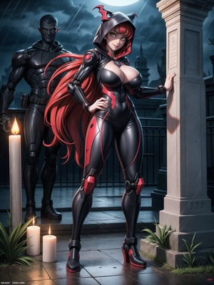 A vampire woman, wearing a black mecha suit with red parts+suit with circular lights+robotic armor, gigantic breasts, wearing a hood, red hair, hair with bangs in front of the eyes, straight hair, (looking at the viewer), (((sensual pose+Interacting+leaning on anything+object+leaning against))), in a futuristic cemetery at night raining, with many structures, tombstones, altars, coffins, candles illuminating the place, 16K, UHD, (full body:1.5), unreal engine 5, quality max, max resolution, ultra-realistic, ultra-detailed, maximum sharpness, (perfect_hands:1), ((perfect_legs)), Goodhands-beta2, ((cyberpunk, gigantic breasts, A vampire woman, wearing a hood, extremely pale skin))