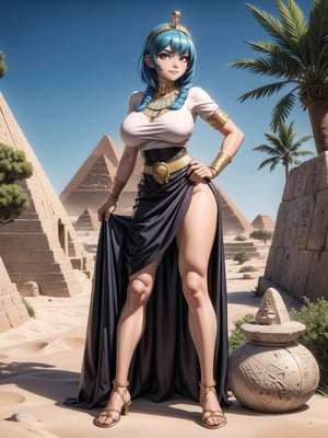 A woman, wearing Egyptian costume, white T-shirt, very short black skirt, golden jewelry, gigantic breasts, wearing appliqués in her hair, blue hair, short hair, hair with bangs in front of her eyes, hair slick, (looking at the viewer), (((sensual pose+Interacting+leaning on anything+object+leaning against))), in an oasis in the Sahara desert at night with many stones,  coconut trees, bush, stone structures with Egyptian writing, 16K, UHD, ((full body)), unreal engine 5, quality max, max resolution, ultra-realistic, ultra-detailed, maximum sharpness, (perfect_hands:1.2), ((perfect_legs)), Goodhands-beta2, ((ancient Egypt, gigantic breasts))