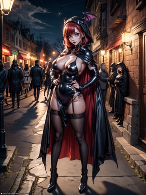 ((1woman)), ((wearing erotic vampire costume, with long cape, bat wings on head, very pale and whitish skin)), ((gigantic breasts)), ((short red hair, hair with bangs in front of the eyes)), ((staring at the viewer)), 1woman ((pose, ombo leaning against the wall)), ((halloween party, multiple people with different costumes in the neighborhood, is at night, lampposts illuminating,  the neighborhood)), (((full body))), 16k, UHD, ((better quality, better resolution, better detail))