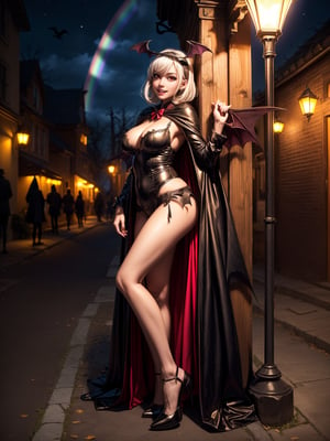 ((1woman)), ((wearing erotic vampire costume, with long cape, bat wings on head, very pale and whitish skin)), ((gigantic breasts)), ((short rainbow hair, hair with bangs in front of the eyes)), ((staring at the viewer)), ((striking the viewer)), ((striking erotic pose, leaning against [from the front, almost sitting, on top of a tall mailbox, feet on the ground|leaning on one,  wooden cards stuck on the ground])), ((in a small neighborhood, halloween party, multiple people with different costumes in the neighborhood, it's at night, lampposts illuminating, the bairo)), (((full body))), 16k, UHD, (((better quality, better resolution, better detail)),