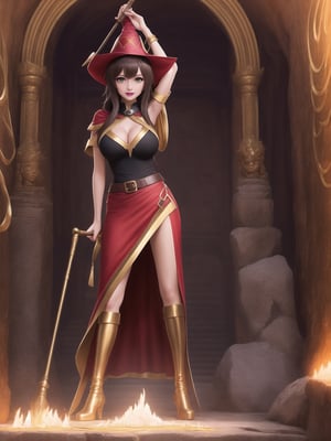 A woman, wearing sorceress costume with golden bands, all red costume, tight fitting costume, wearing witch hat, gigantic breasts, brown hair, hair with bangs in front of eyes, she is in an ancient temple in a cave, with large stone structures, altars, large figurines of ancient gods, pillars with Ancient Writings, UHD, best possible quality, ultra detailed, best possible resolution, ultra technological, futuristic, robotic, Unreal Engine 5, professional photography, she is, ((sensual pose with interaction and leaning on anything + object + on something + leaning against)), ((full body)), better_hands, More detail, ((Megumin - Konosuba))