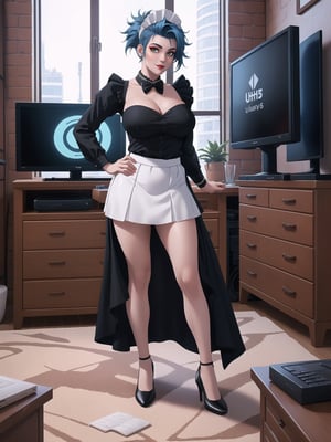 Solo woman, wearing maid's costume, all black with white parts, very short white skirt, gigantic breasts, mohawk hair, blue hair, messy hair, looking directly at the viewer, she is in a very large apartment, with furniture, computers, plasma TV, bed, glass table, chair, window, instant, 16k, UHD, best possible quality, ultra detailed,  best possible resolution, Unreal Engine 5, professional photography, she is, ((interaction and leaning on anything+object+on something+leaning against+sensual pose))+(full body:1.5), More detail, better_hands ,perfect