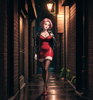 A masterpiece of noir style and drama, rendered in ultra-detailed 8K with realistic, vibrant details. | Rose, a young 23-year-old woman, is dressed in a prostitute outfit consisting of a short dress, high stockings, high-heeled shoes and a leather jacket. Her short pink hair is styled in a stylish modern cut with tousled braids. She has golden eyes, looking at the viewer while smiling and showing her teeth, wearing red lipstick. It is located in a dark alley at night during heavy rain. The brick structures, crates, lampposts, marble and wooden structures add to the dark and mysterious atmosphere of the place. The dim light from the streetlights illuminates the room, creating ominous shadows on the walls. | The image highlights Rose's seductive figure and the architectural elements of the dark alley. The brick structures, crates, lampposts, marble and wooden structures, along with the heavy rain, create a dark and mysterious atmosphere. The ominous shadows on the walls highlight the tension and fear in the scene. | Soft, shadowy lighting effects create a tense, fear-filled atmosphere, while rough, detailed textures on structures and clothing add realism to the image. | A terrifying scene of a young prostitute woman in a dark alley at night, exploring themes of noir, drama and fear. | (((The image reveals a full-body shot as Rose assumes a sensual pose, engagingly leaning against a structure within the scene in an exciting manner. She takes on a sensual pose as she interacts, boldly leaning on a structure, leaning back and boldly throwing herself onto the structure, reclining back in an exhilarating way.))). | ((((full-body shot)))), ((perfect pose)), ((perfect arms):1.2), ((perfect limbs, perfect fingers, better hands, perfect hands, hands)), ((perfect legs, perfect feet):1.2), ((huge breasts)), ((perfect design)), ((perfect composition)), ((very detailed scene, very detailed background, perfect layout, correct imperfections)), Enhance, Ultra details++, More Detail, poakl