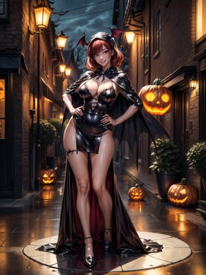 ((1woman)), ((wearing erotic vampire costume, with long cape, bat wings on head, very pale and whitish skin)), ((gigantic breasts)), ((short red hair, hair with bangs in front of the eyes)), ((staring at the viewer)), ((she is doing sensual pose glued to the wall)), ((halloween party, multiple people with different costumes in the neighborhood, is at night,  raining hard, pumpkins on the floor illuminated, lampposts illuminating, the neighborhood)), (((full body))), 16k, UHD, ((better quality, better resolution, better detail))