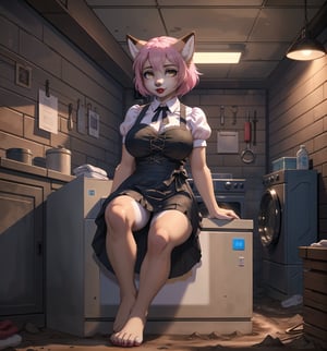 An ultra-detailed 16K masterpiece in Horror and Gothic styles, rendered in ultra-high resolution with extraordinary detail. | Ana, a young 23-year-old fox woman, is dressed in a maid uniform, consisting of a black skirt, white blouse and white apron. Her pink hair is short and disheveled, with a modern and stylish cut. ((Her golden eyes are looking at the viewer, smiling and showing her teeth, with red lipstick on her lips)). She is in a filthy basement, with dirt, mud, concrete structures, wooden structures, machines and computers all around. A washing machine, a work table and a shelf full of tools adorn the scene. | The image highlights Ana's imposing figure and the horror elements of the basement. The dirt, mud, concrete structures, wooden structures, machines and computers, along with the washing machine, work table and shelf full of tools, create a frightening and uncomfortable environment. The shadows created by the basement lights highlight the details of the scene and create a mysterious atmosphere. | Soft, shadowy lighting effects create a tense, fear-filled atmosphere, while detailed textures on skin, clothing, and structures add realism to the image. | Ana, a maid in a filthy basement, exploring themes of horror, mystery and fear. | (((The image reveals a full-body shot as Ana assumes a sensual pose, engagingly leaning against a structure within the scene in an exciting manner. She takes on a sensual pose as she interacts, boldly leaning on a structure, leaning back and boldly throwing herself onto the structure, reclining back in an exhilarating way.))). | ((((full-body shot)))), ((perfect pose)), ((perfect arms):1.2), ((perfect limbs, perfect fingers, better hands, perfect hands, hands)), ((perfect legs, perfect feet):1.2), ((huge breasts))++, ((perfect design)), ((perfect composition)), ((very detailed scene, very detailed background, perfect layout, correct imperfections)), Enhance, Ultra details++, More Detail, poakl