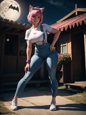 A woman, wearing blue overalls, white T-shirt, tight clothing, white sneakers, monstrously giant breasts, pink hair, short hair, hair with bangs in front of her eyes, (cat ears, with pink hair on her head), (((looking at the viewer, posing interacting and leaning [on something|on an object]))), at the entrance of a wooden house with many,  vehicles, structures, machines, is at night, moon at top left, ((full body):1.5), 16k, UHD, best possible quality, ultra detailed, best possible resolution, Unreal Engine 5, professional photography, well-detailed fingers, well-detailed hand, perfect_hands, ((super metroid)) + ((batman))