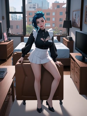 Solo woman, wearing maid's costume, all black with white parts, very short white skirt, gigantic breasts, mohawk hair, blue hair, messy hair, looking directly at the viewer, she is in a very large apartment, with furniture, computers, plasma TV, bed, glass table, chair, window, instant, 16k, UHD, best possible quality, ultra detailed,  best possible resolution, Unreal Engine 5, professional photography, she is, (((interaction and leaning on anything+object+on something+leaning against+sensual pose+full body))), better_hands ,perfect, More detail,