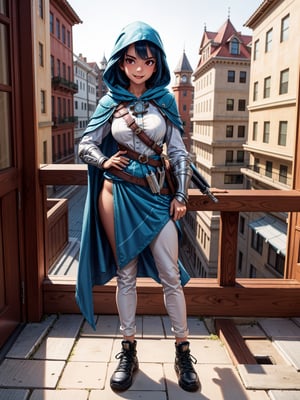 A woman, wearing a white t-shirt, black pants, sneakers, tight clothing, gigantic breasts, blue hair, hair with short braids, hair with bangs in front of her eyes, ((hood on her head)), looking at the viewer, (([pose with interaction and leaning on something|pose with interaction and leaning on an object])), on the balcony of an apartment with furniture, glass table, it's daytime, ((full body):1.5), 16k, UHD, best possible quality, ultra detailed, best possible resolution, Unreal Engine 5, professional photography, well-detailed fingers, well-detailed hand, perfect_hands, perfect, GoodHands-beta2, Furtastic_Detailer, ((assassin's creed))