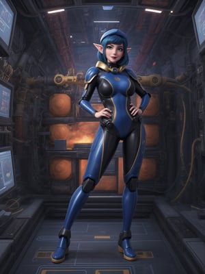 Masterpiece in 4K resolution, ultra-precise details. Style inspired by a fusion between the universe of Super Metroid and Star Wars, bringing a unique atmosphere. | In a technologically advanced environment, a stunning 30-year-old woman wears an all-black mecha musume suit, adorned with small golden areas. Her blue hair, short and with bangs in front of her right eye, in a mohawk cut, stands out. The tight suit enhances her curves, while her pointed ears add a touch of fantasy. With a cap on her head, she looks directly at the viewer with intensity. | Inside an aircraft filled with large computers and technological structures, the scene is enriched with steel boxes containing electronics and stacked armors. The woman is in a sensual pose, interacting and leaning on an imposing structure, standing out with a bold attitude. | The dynamic angle, tilted and skewed, provides a unique highlight to the character, intensifying the sensation of movement and interaction in the scene. | She: ((interacting and leaning on anything, very large structure+object, leaning against, sensual pose):1.3), ((Full body image)), perfect hand, fingers, hand, perfect, better_hands, More Detail, | She: ((interacting and leaning on anything, very large structure+object, leaning against, dynamic pose):1.3), ((Full body image)), perfect hand, fingers, hand, perfect, better_hands, More Detail,