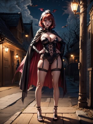 ((1woman)), ((wearing erotic vampire costume, with long cape, bat wings on head, very pale and whitish skin)), ((gigantic breasts)), ((short red hair, hair with bangs in front of the eyes)), ((staring at the viewer)), 1woman (([leaning against a very high mailbox doing erotic pose|leaning against a large wooden board stuck on the floor, doing erotic pose]):1.3), ((halloween party, multiple people with different costumes in the neighborhood, it's at night, light poles illuminating, the neighborhood)), (((full body))), 16k, UHD, ((better quality, better resolution, better detail)),